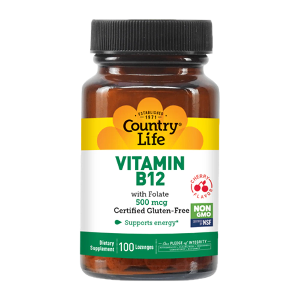 Country Life - Vitamin B12 w Folate 500 mcg Cherry - 100 Lozenges
